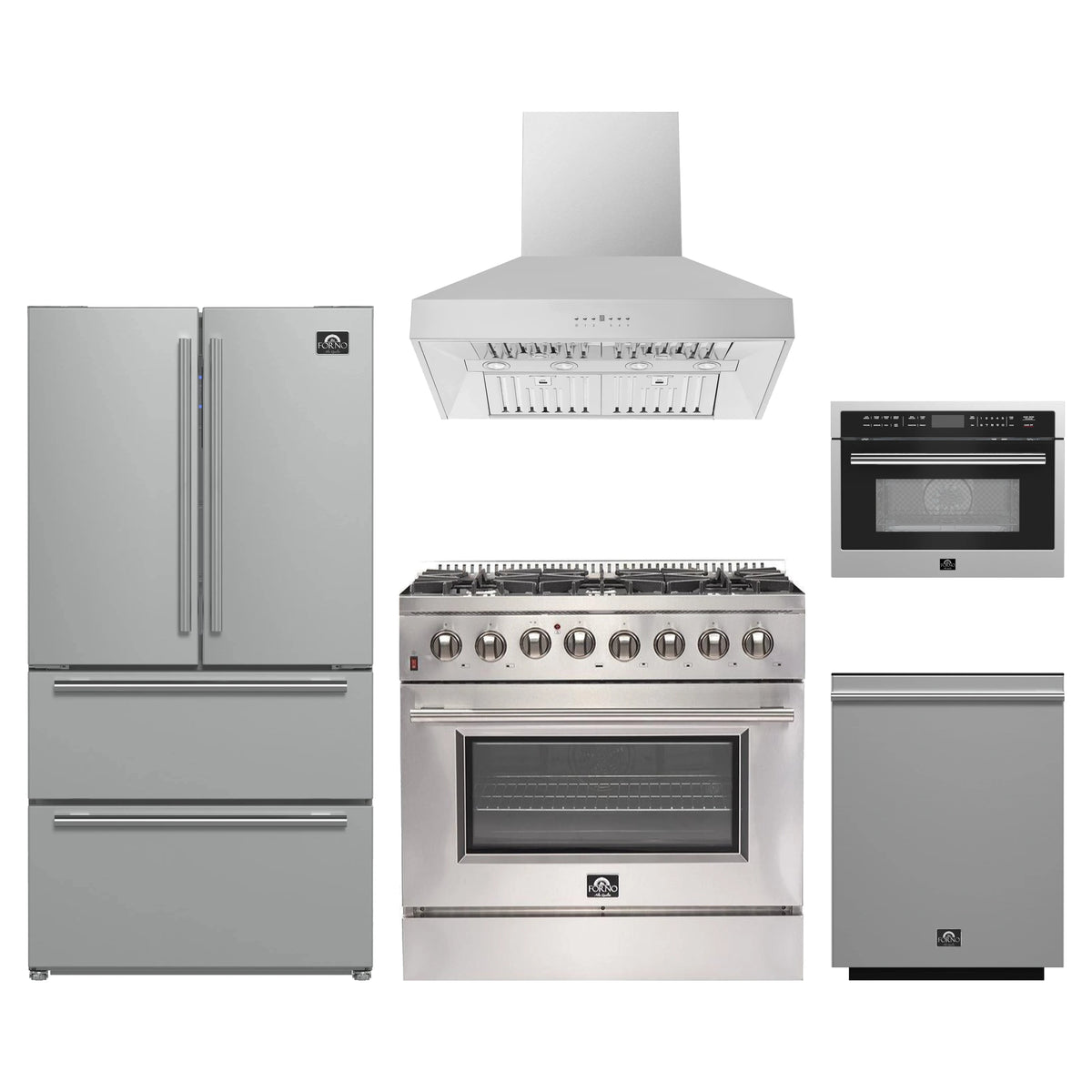 Forno 5-Piece Appliance Package - 36-Inch Dual Fuel Range, Refrigerator, Wall Mount Hood, 24-Inch Microwave Oven, & 3-Rack Dishwasher in Stainless Steel