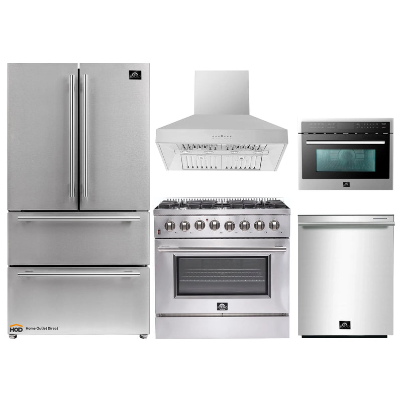 Forno 5-Piece Appliance Package - 36-Inch Dual Fuel Range, Refrigerator, Wall Mount Hood, Microwave Oven, & 3-Rack Dishwasher in Stainless Steel