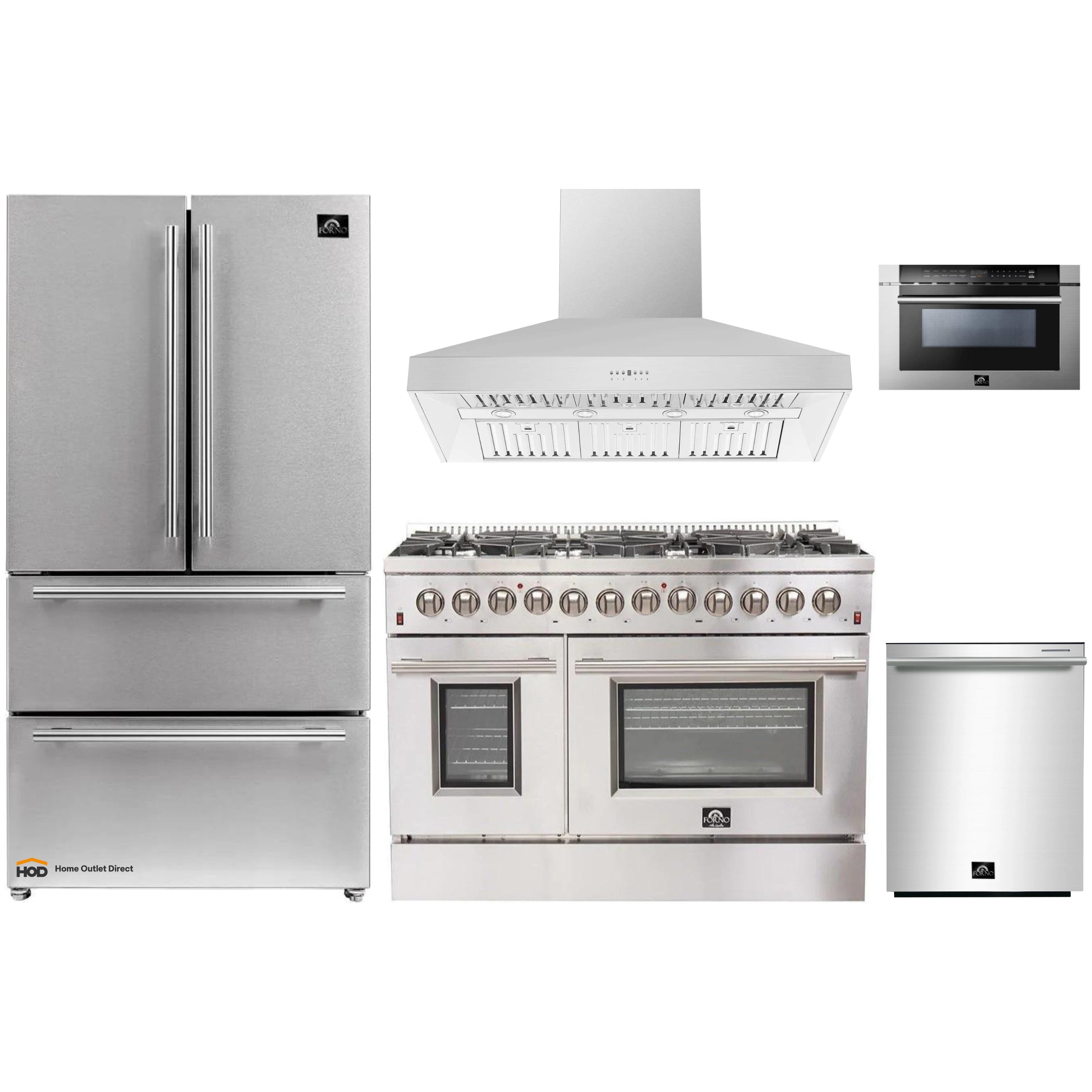 Stainless steel kitchen appliance set with refrigerator, range, hood, and dishwasher