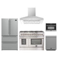 Forno 5-Piece Appliance Package - 48-Inch Dual Fuel Range, Refrigerator, Wall Mount Hood, 24-Inch Microwave Oven, & 3-Rack Dishwasher in Stainless Steel