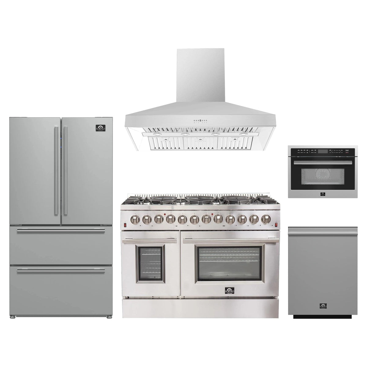 Forno 5-Piece Appliance Package - 48-Inch Dual Fuel Range, Refrigerator, Wall Mount Hood, 24-Inch Microwave Oven, & 3-Rack Dishwasher in Stainless Steel