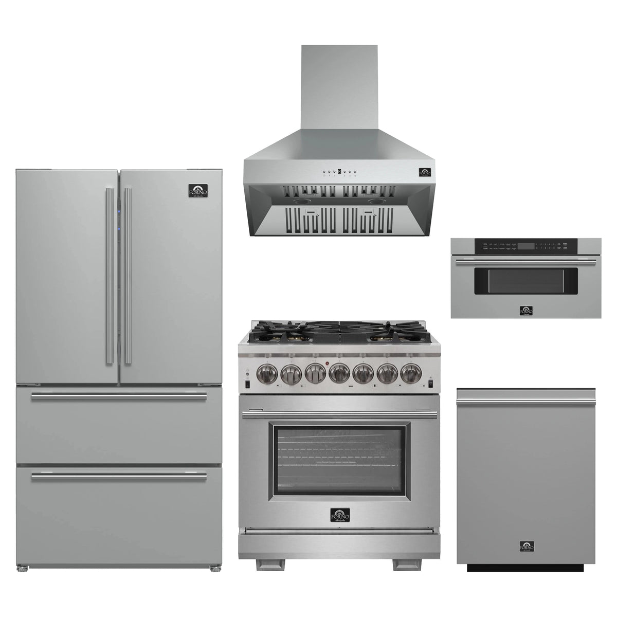 Forno 5-Piece Pro Appliance Package - 30-Inch Dual Fuel Range, Refrigerator, Wall Mount Hood, 30-Inch Microwave Drawer, & 3-Rack Dishwasher in Stainless Steel