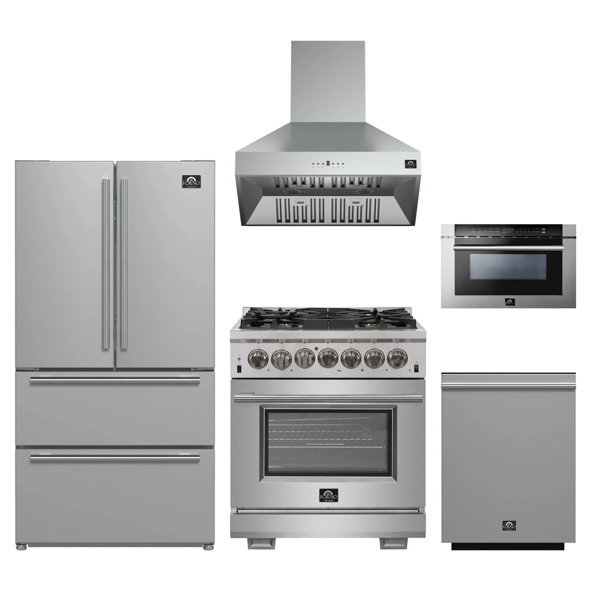 Forno 5-Piece Pro Appliance Package - 30-Inch Dual Fuel Range, Refrigerator, Wall Mount Hood, 24-Inch Microwave Drawer, & 3-Rack Dishwasher in Stainless Steel