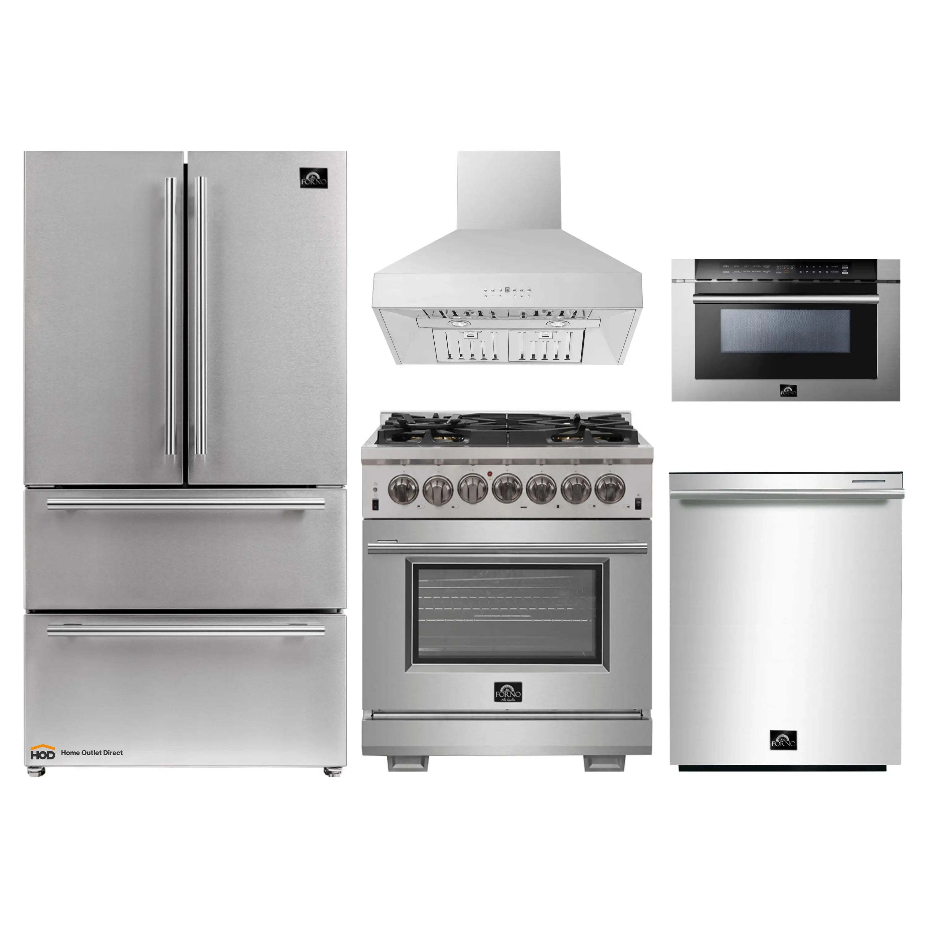 Stainless steel 5-piece kitchen appliance set with range, hood, microwave, dishwasher, fridge