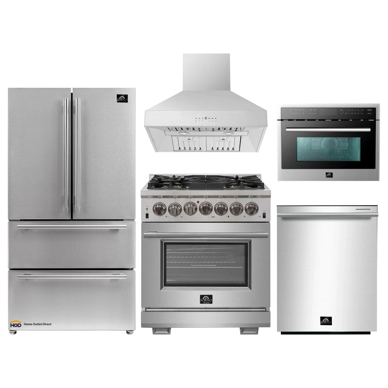 Forno 5-Piece Pro Appliance Package - 30-Inch Dual Fuel Range, Refrigerator, Wall Mount Hood, Microwave Oven, & 3-Rack Dishwasher in Stainless Steel