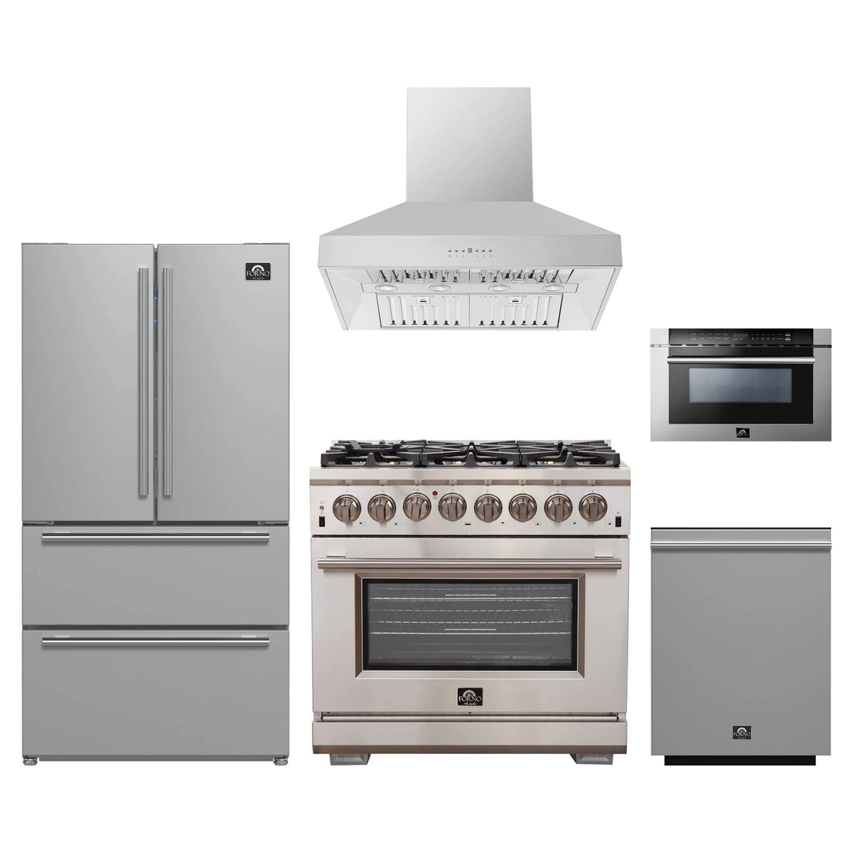 Forno 5-Piece Pro Appliance Package - 36-Inch Dual Fuel Range, Refrigerator, Wall Mount Hood, 24-Inch Microwave Drawer, & 3-Rack Dishwasher in Stainless Steel