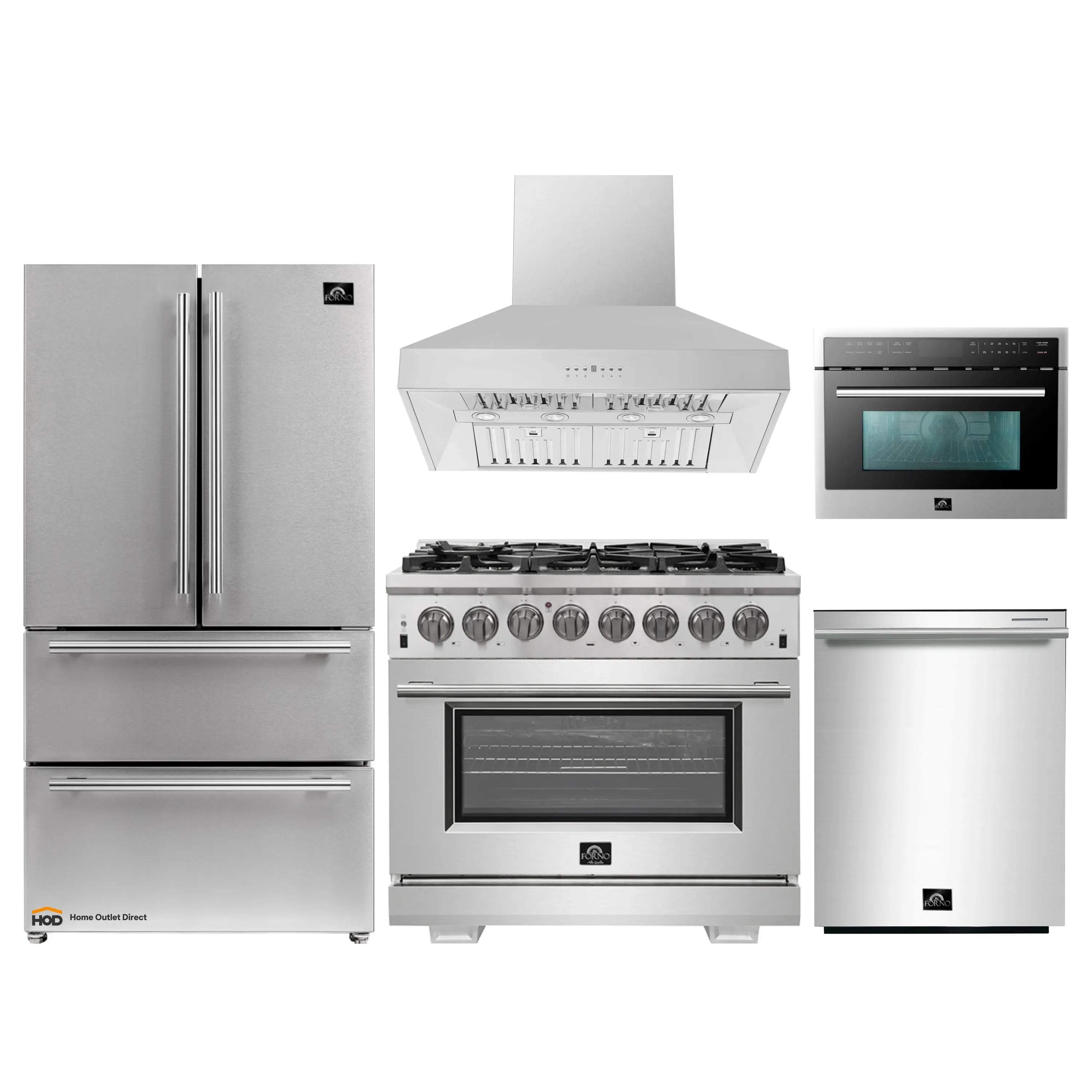 Stainless steel appliance set with range, hood, refrigerator, microwave, dishwasher