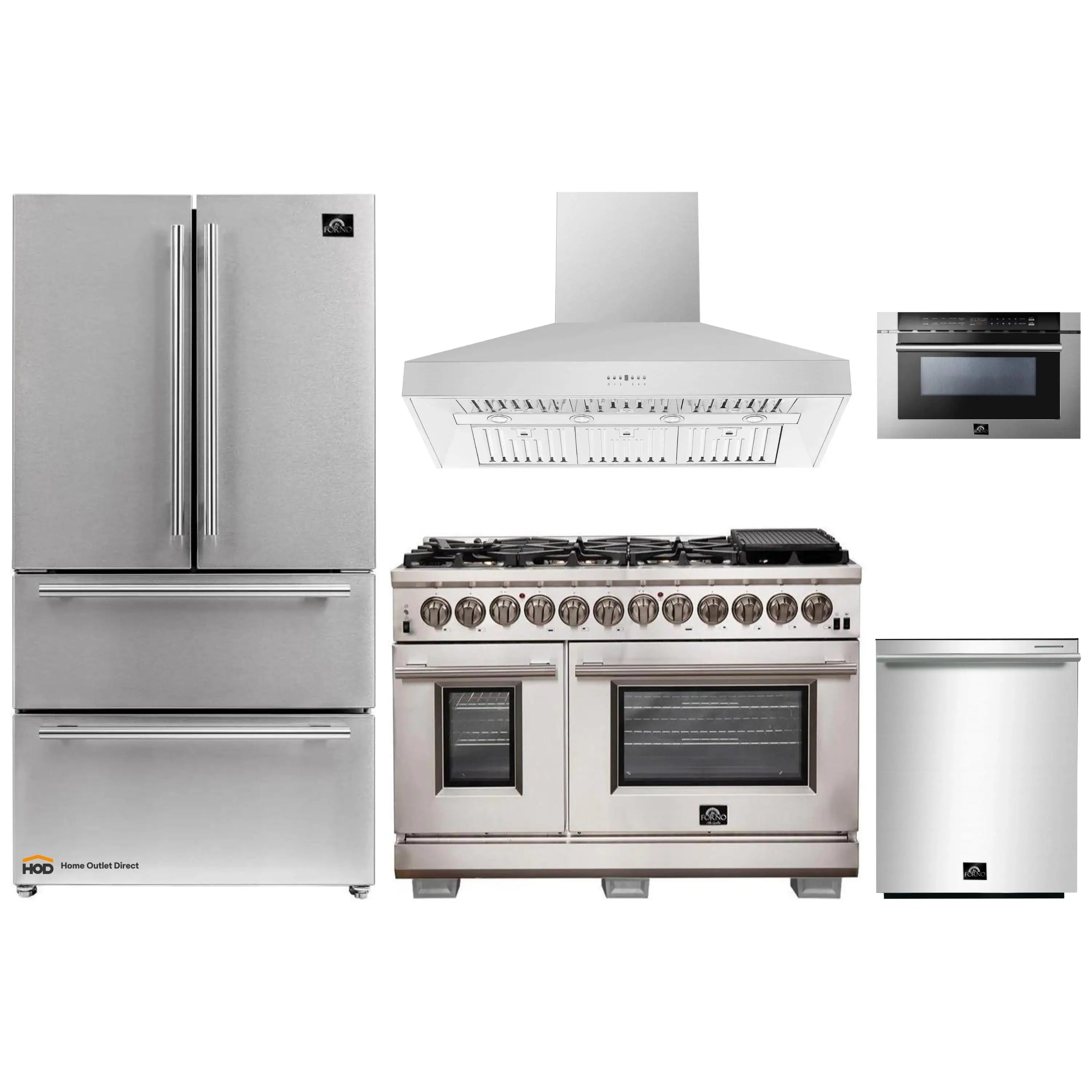 Stainless steel appliance set showing refrigerator, range, wall hood, and microwave drawer