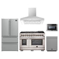 Forno 5-Piece Pro Appliance Package - 48-Inch Dual Fuel Range, Refrigerator, Wall Mount Hood, 24-Inch Microwave Drawer, & 3-Rack Dishwasher in Stainless Steel