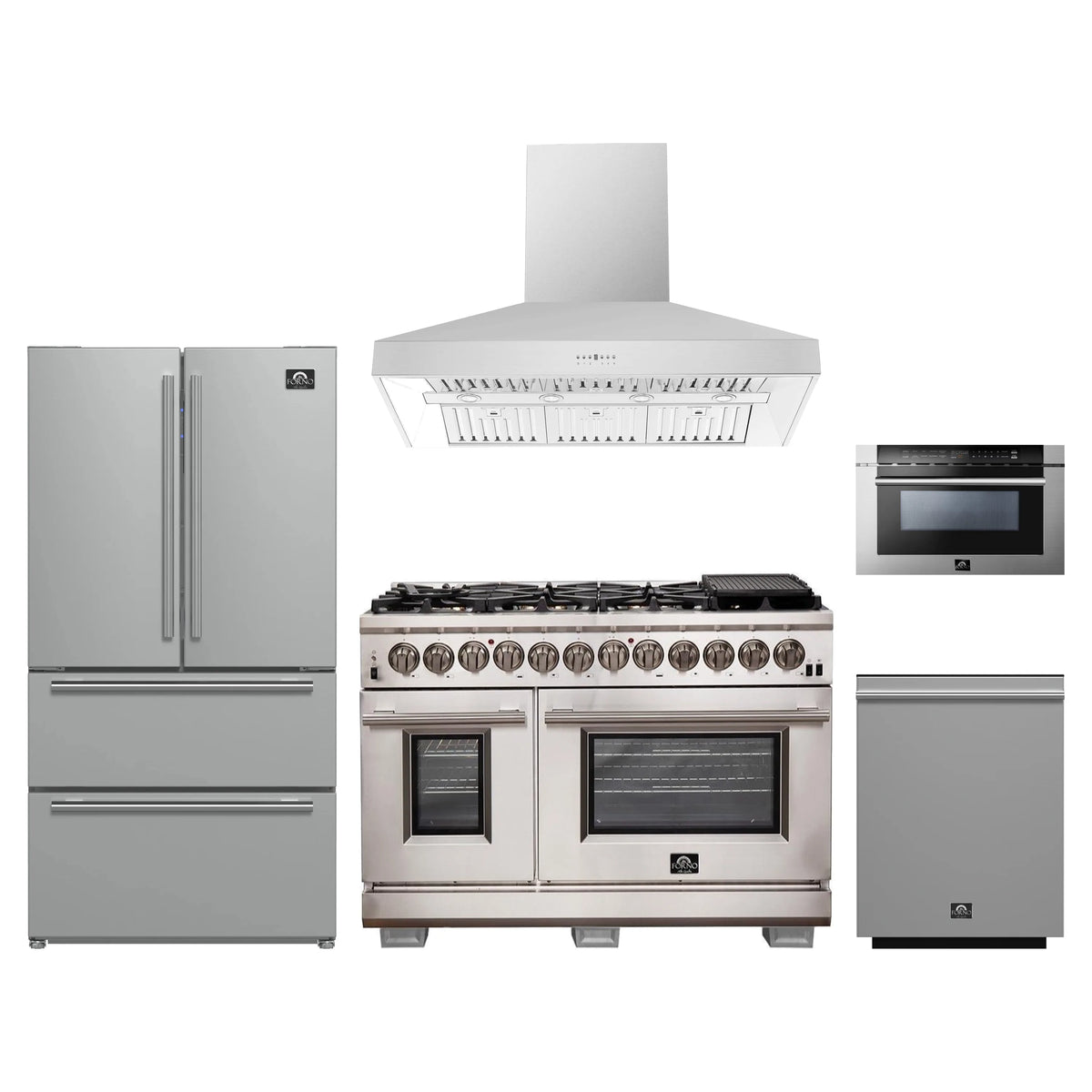 Forno 5-Piece Pro Appliance Package - 48-Inch Dual Fuel Range, Refrigerator, Wall Mount Hood, 24-Inch Microwave Drawer, & 3-Rack Dishwasher in Stainless Steel