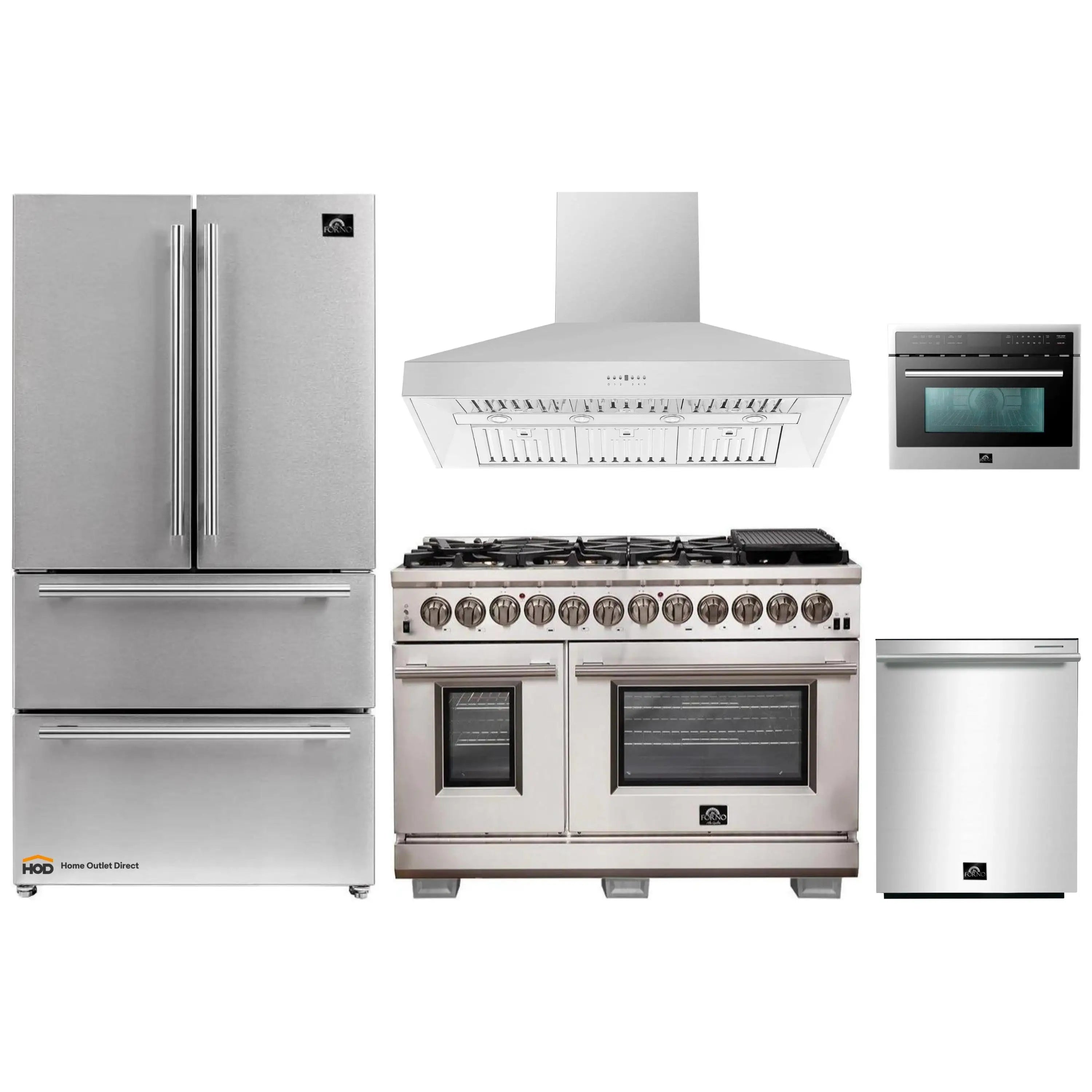Stainless steel kitchen appliance set with refrigerator, range, hood, microwave, and dishwasher