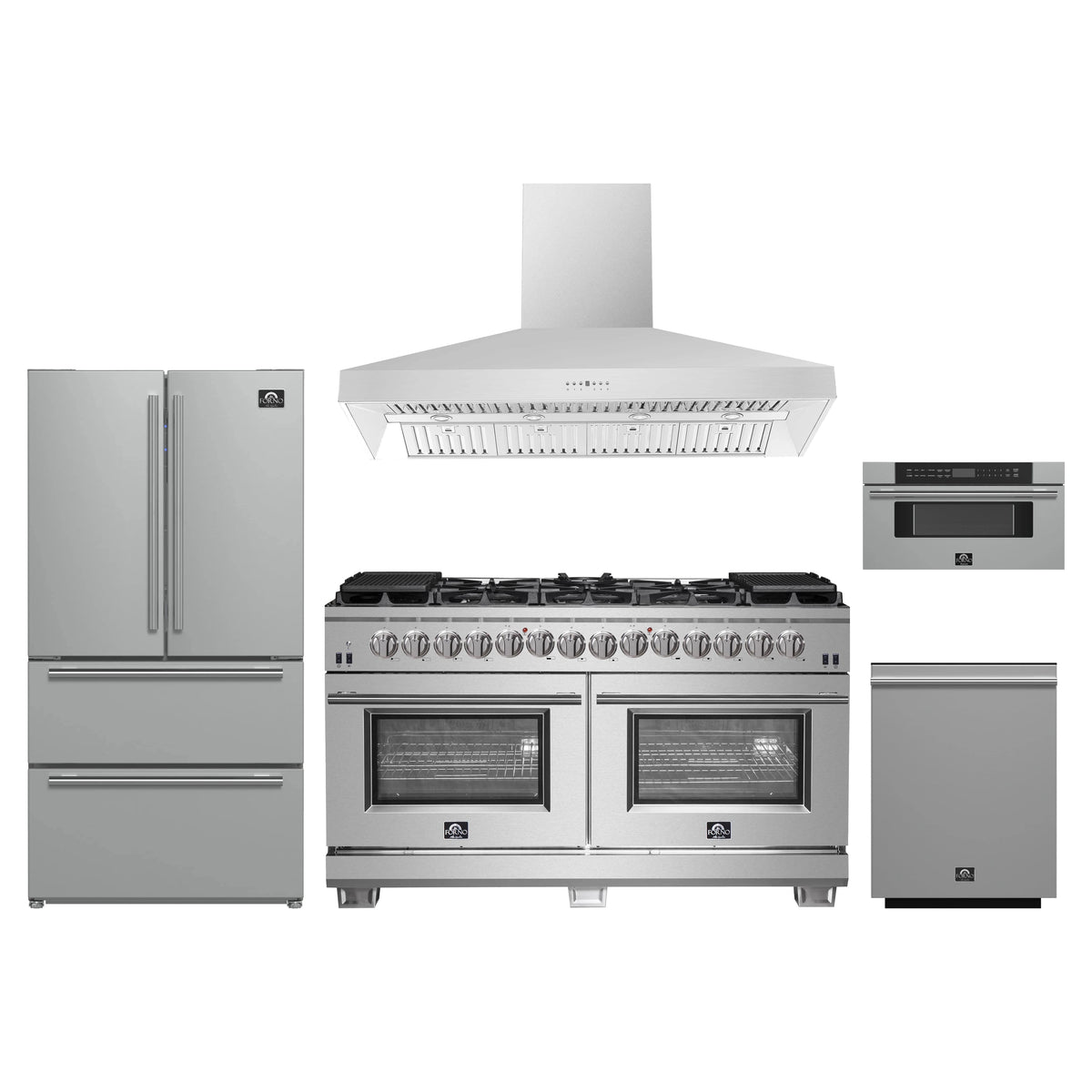 Forno 5-Piece Pro Appliance Package - 60-Inch Dual Fuel Range, Refrigerator, Wall Mount Hood, 30-Inch Microwave Drawer, & 3-Rack Dishwasher in Stainless Steel