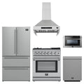 Forno 5-Piece Appliance Package - 30-Inch Dual Fuel Range with Air Fryer, Refrigerator, Wall Mount Hood, 24-Inch Microwave Drawer, & 3-Rack Dishwasher in Stainless Steel