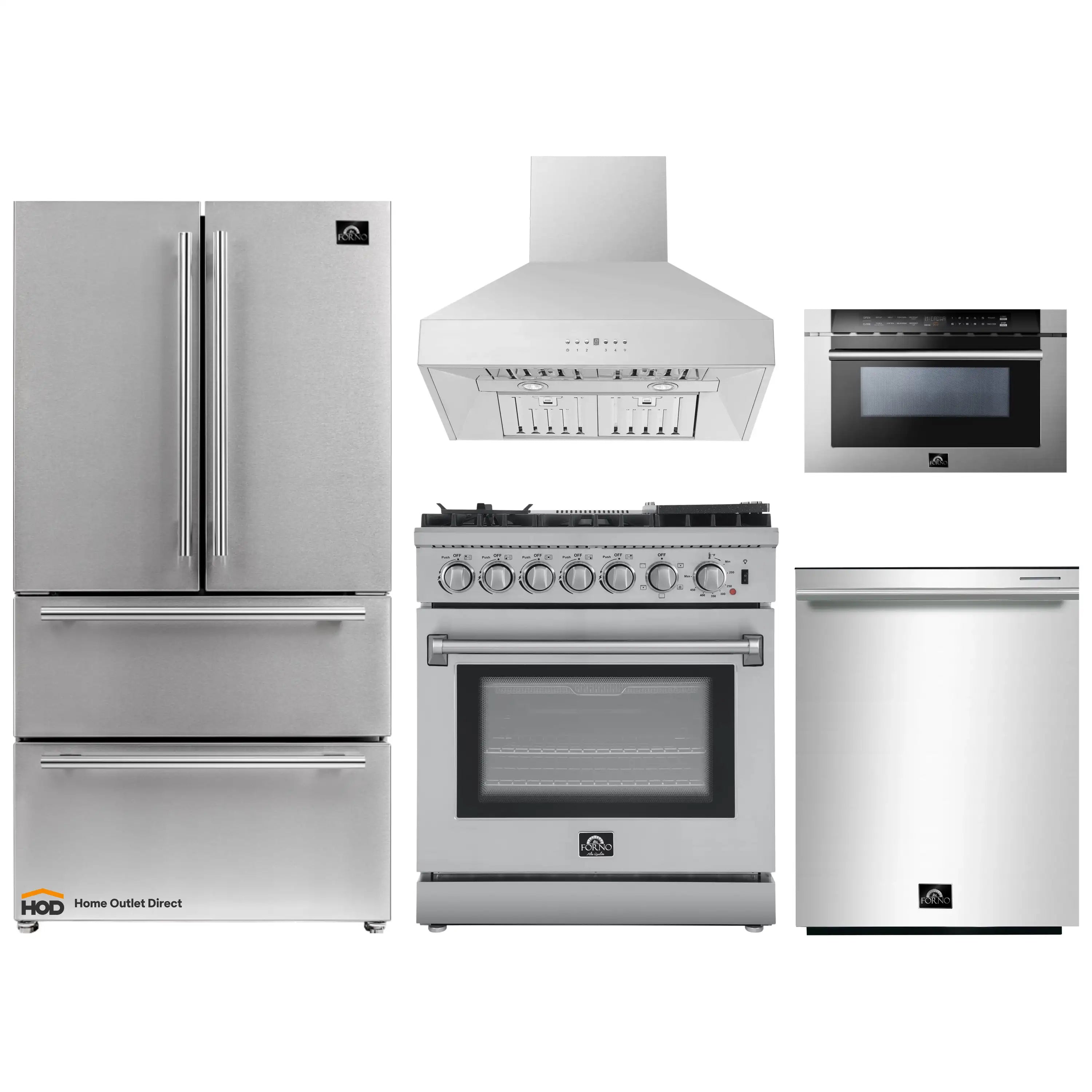 Forno stainless steel 5-piece appliance set: range, hood, microwave, dishwasher, fridge