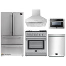 Forno 5-Piece Appliance Package - 30-Inch Dual Fuel Range with Air Fryer, Refrigerator, Wall Mount Hood, 24-Inch Microwave Drawer, & 3-Rack Dishwasher in Stainless Steel