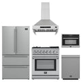 Forno 5-Piece Appliance Package - 30-Inch Dual Fuel Range with Air Fryer, Refrigerator, Wall Mount Hood, 24-Inch Microwave Oven, & 3-Rack Dishwasher in Stainless Steel
