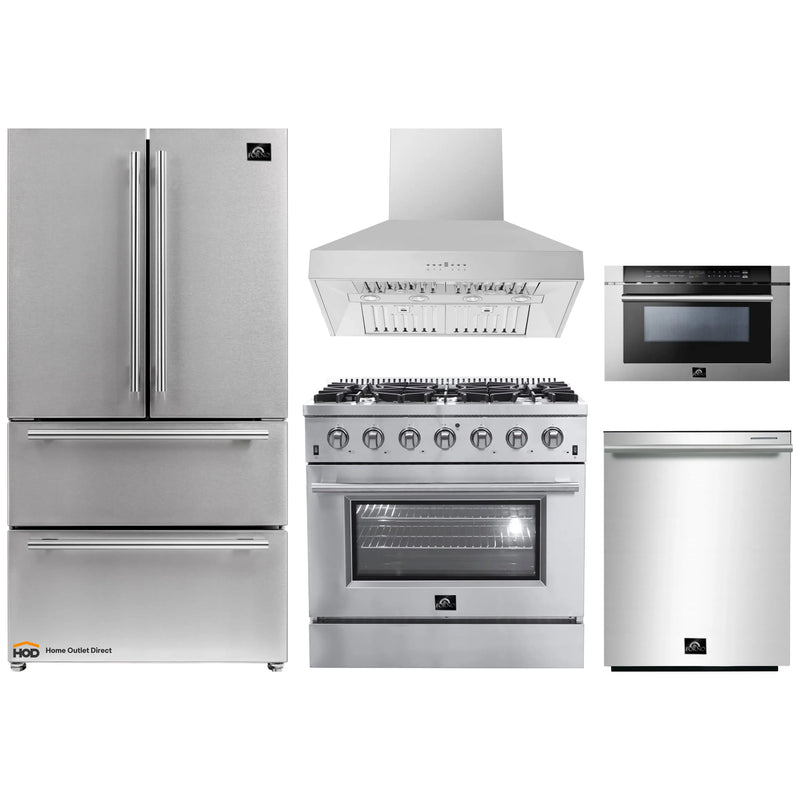 Forno 5-Piece Appliance Package - 36-Inch Gas Range, Refrigerator, Wall Mount Hood, 24-Inch Microwave Drawer, & 3-Rack Dishwasher in Stainless Steel