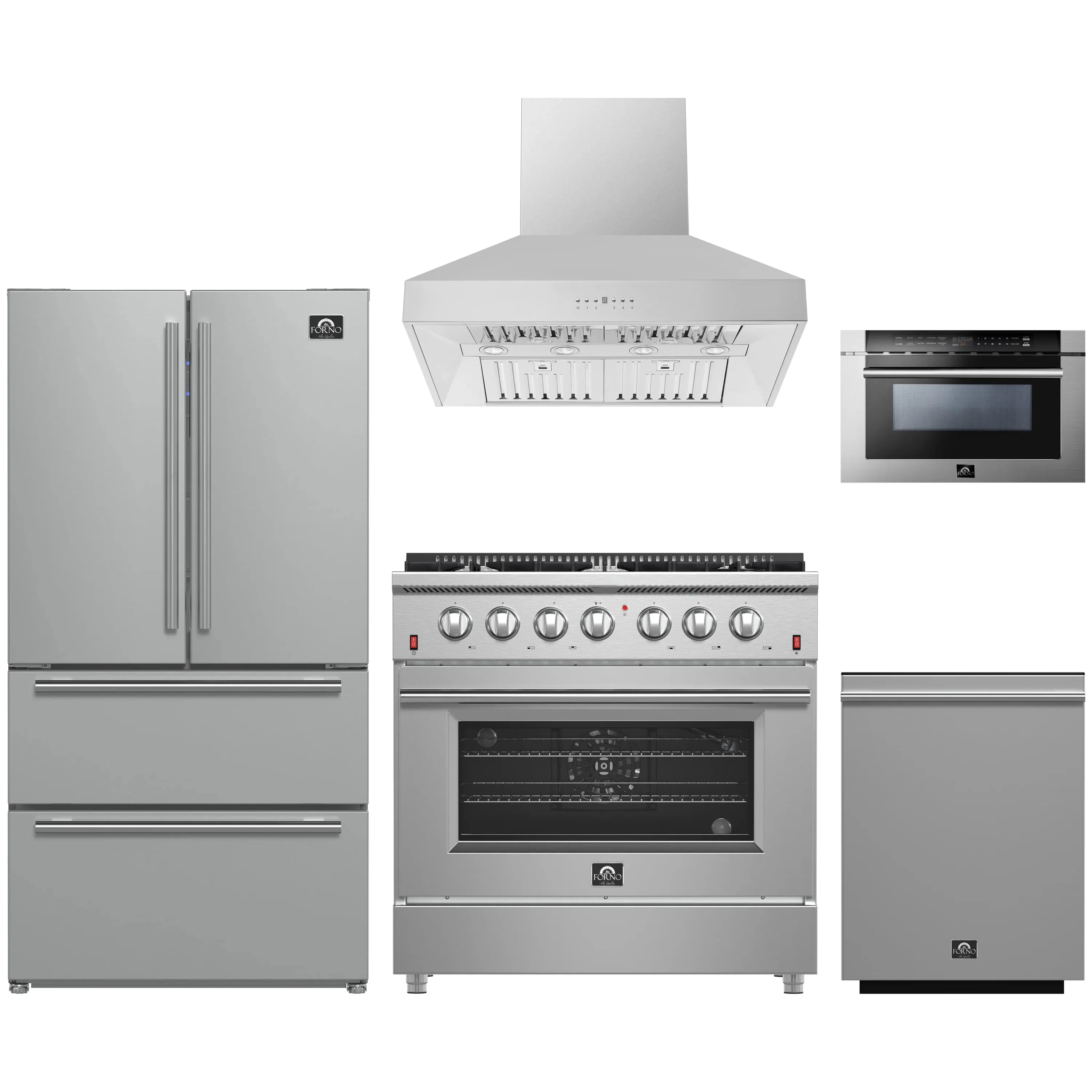 Stainless steel appliance package: range, refrigerator, wall hood, microwave, dishwasher