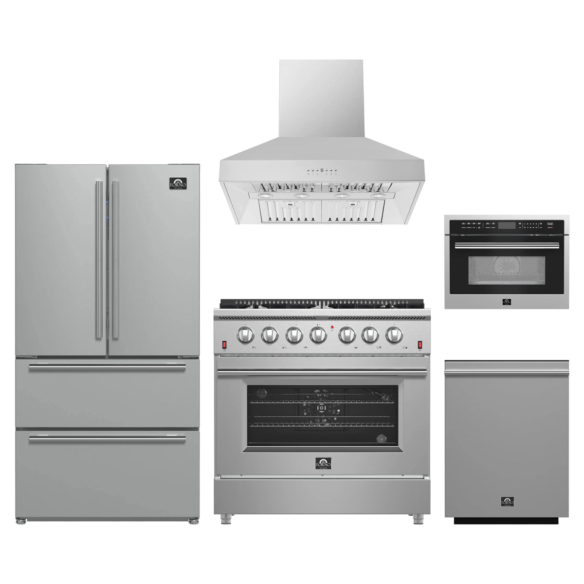 Forno 5-Piece Appliance Package - 36-Inch Gas Range, Refrigerator, Wall Mount Hood, 24-Inch Microwave Oven, & 3-Rack Dishwasher in Stainless Steel