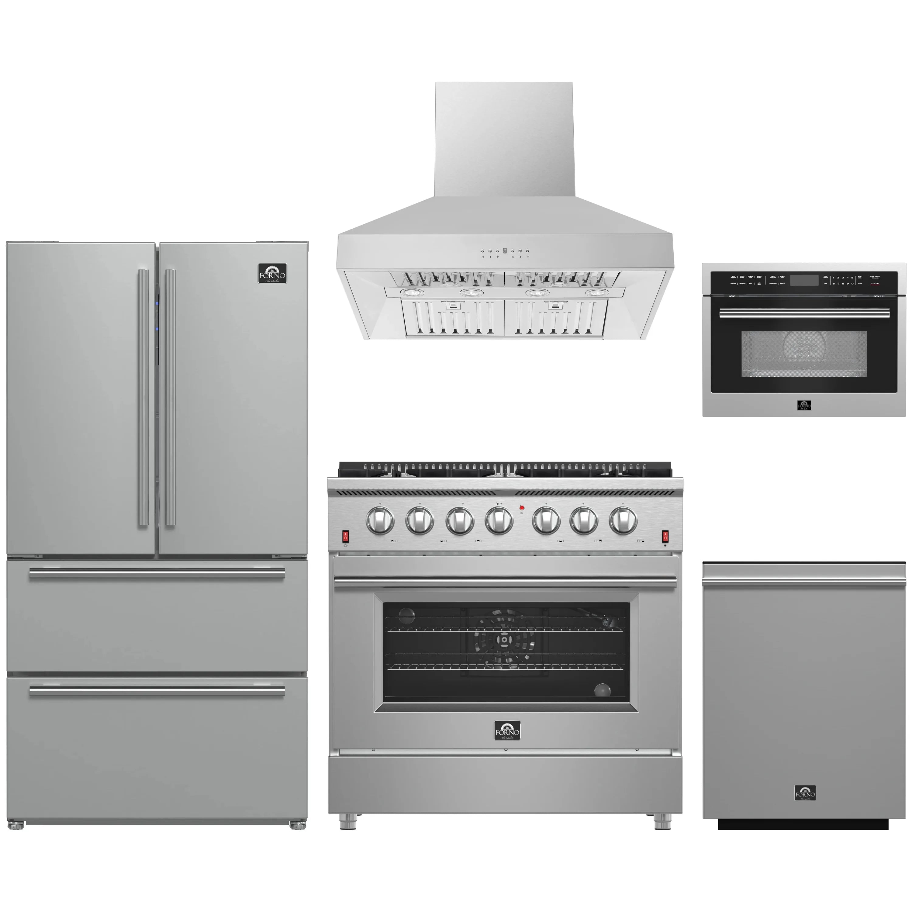 Stainless steel 5-piece appliance set with range, hood, refrigerator, microwave, dishwasher