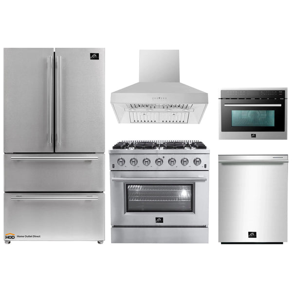 Forno 5-Piece Appliance Package - 36-Inch Gas Range, Refrigerator, Wall Mount Hood, Microwave Oven, & 3-Rack Dishwasher in Stainless Steel