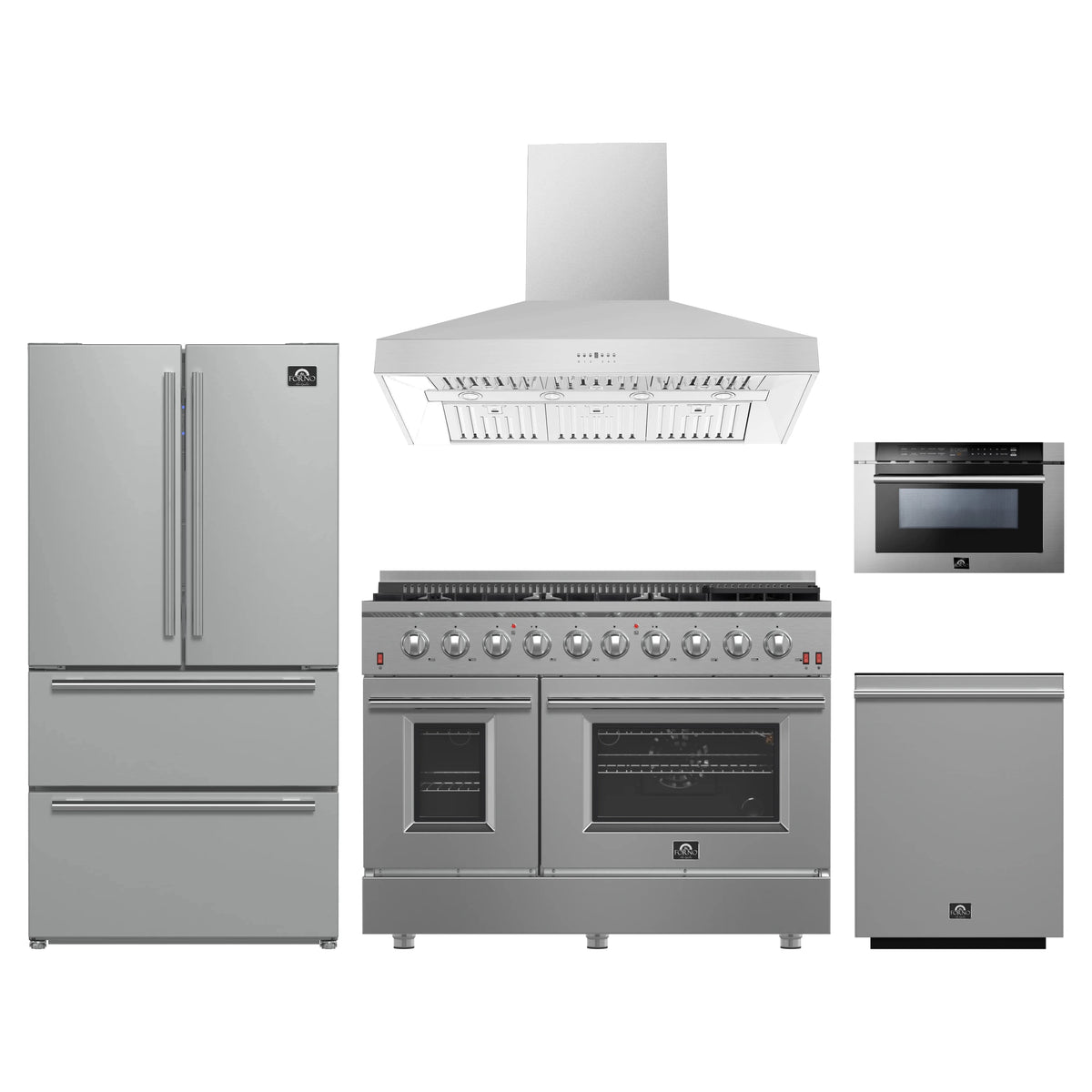 Forno 5-Piece Appliance Package - 48-Inch Gas Range, Refrigerator, Wall Mount Hood, 24-Inch Microwave Drawer, & 3-Rack Dishwasher in Stainless Steel