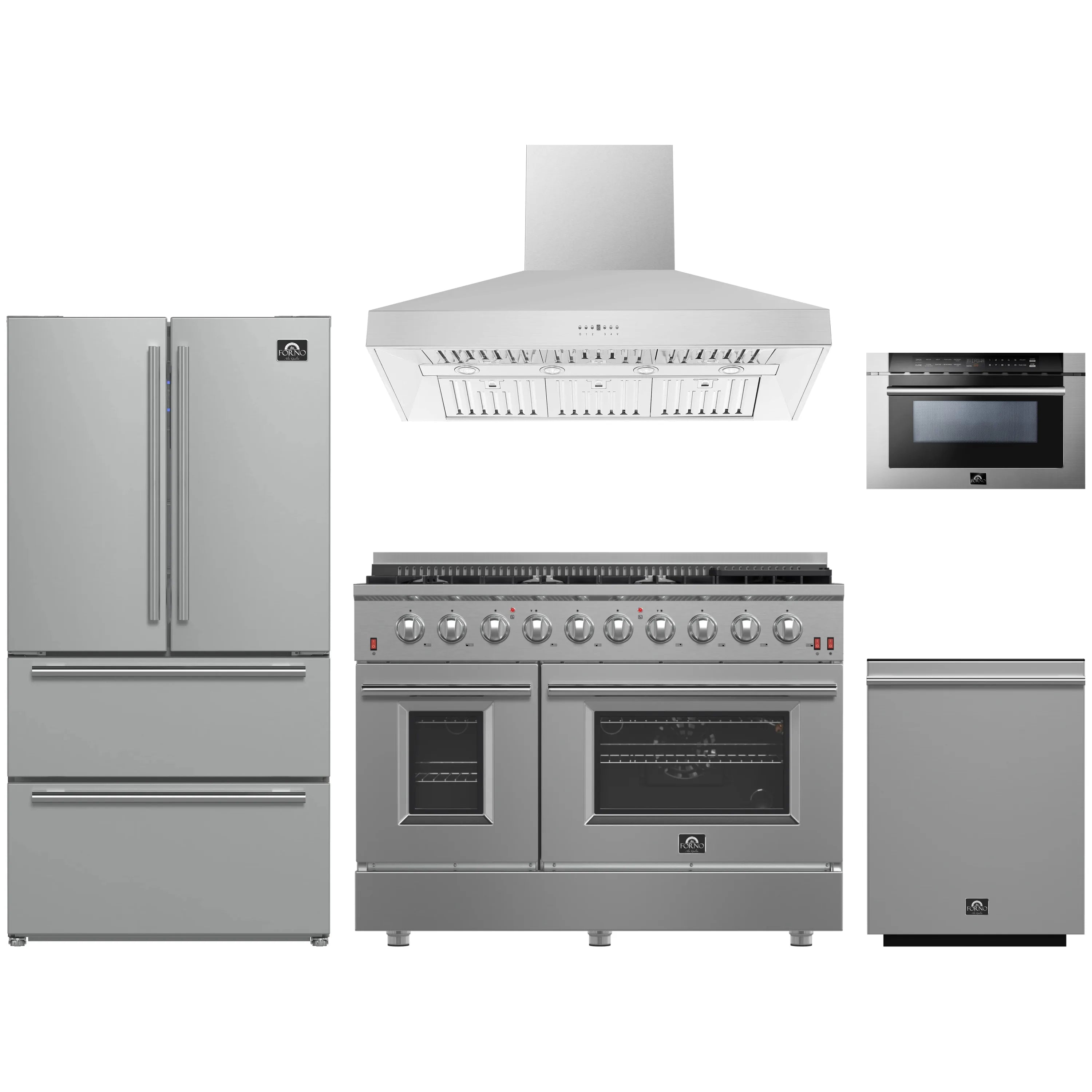 Forno 5-Piece Appliance Package - 48-Inch Gas Range, Refrigerator, Wall Mount Hood, 24-Inch Microwave Drawer, & 3-Rack Dishwasher in Stainless Steel