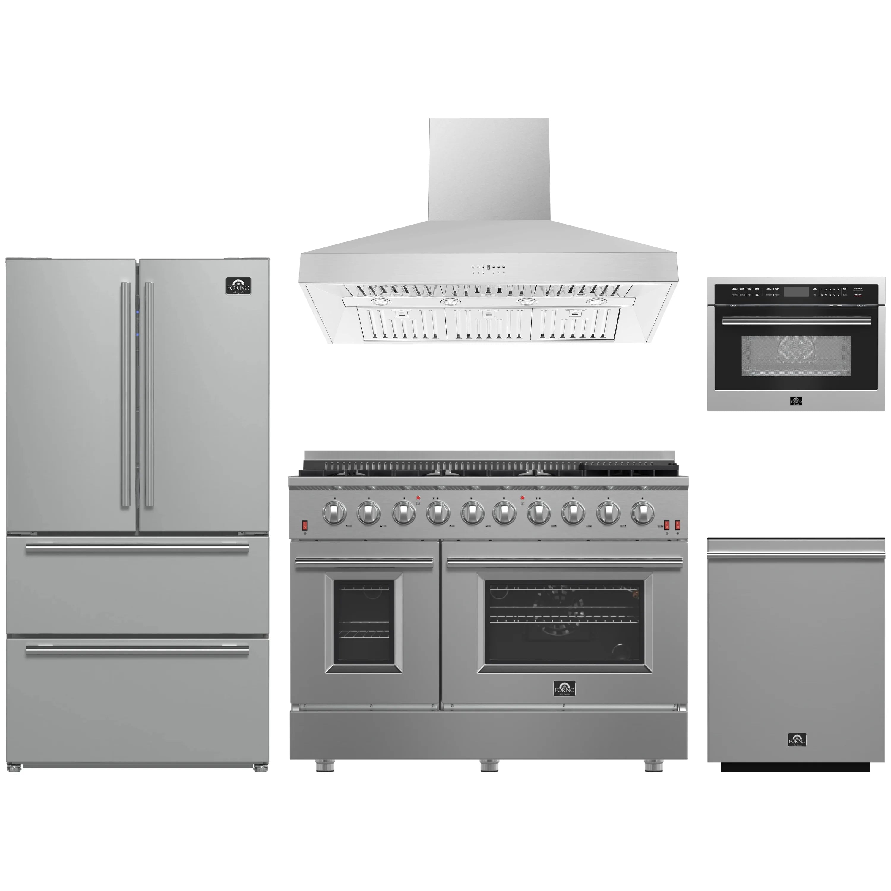 Stainless steel appliance package: gas range, wall hood, microwave, refrigerator, dishwasher