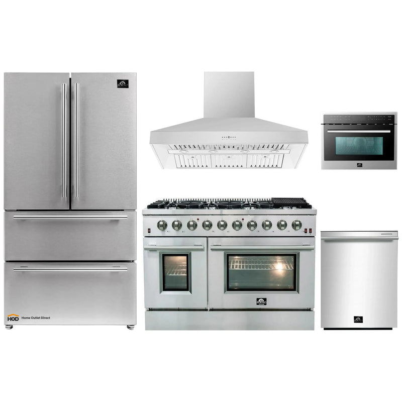 Forno 5-Piece Appliance Package - 48-Inch Gas Range, Refrigerator, Wall Mount Hood, Microwave Oven, & 3-Rack Dishwasher in Stainless Steel