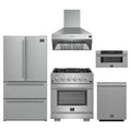 Forno 5-Piece Pro Appliance Package - 30-Inch Capriasca Gas Range, Refrigerator, Wall Mount Hood, 30-Inch Microwave Drawer, & 3-Rack Dishwasher in Stainless Steel