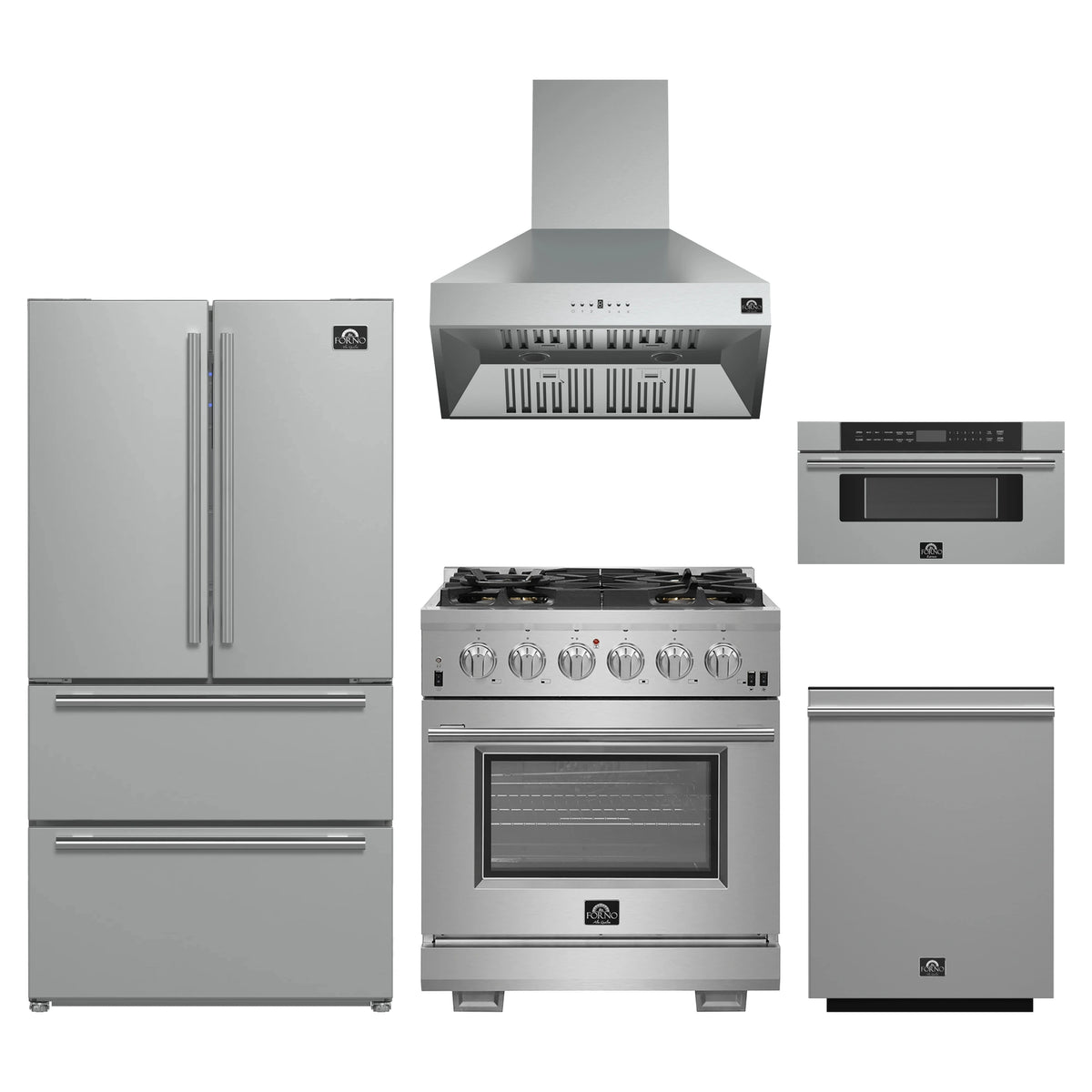Forno 5-Piece Pro Appliance Package - 30-Inch Gas Range, Refrigerator, Wall Mount Hood, 30-Inch Microwave Drawer, & 3-Rack Dishwasher in Stainless Steel