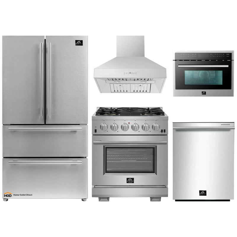 Forno 5-Piece Pro Appliance Package - 30-Inch Gas Range, 36-Inch Refrigerator Wall Mount Hood, Microwave Oven, & 3-Rack Dishwasher in Stainless Steel