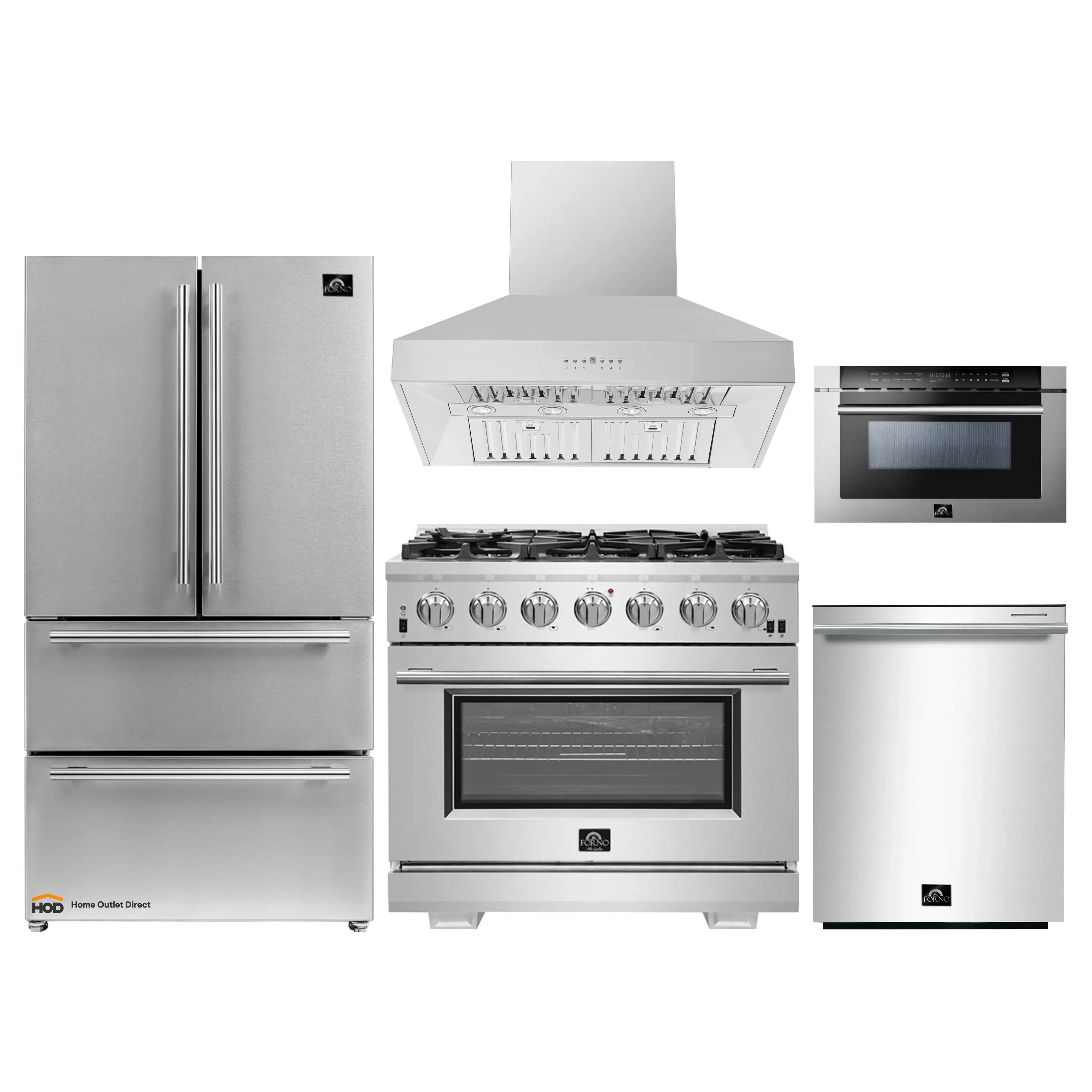 Stainless steel appliance package with gas range, wall hood, refrigerator, and microwave