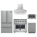 Forno 5-Piece Pro Appliance Package - 36-Inch Capriasca Gas Range, Refrigerator, Wall Mount Hood, 30-Inch Microwave Drawer, & 3-Rack Dishwasher in Stainless Steel