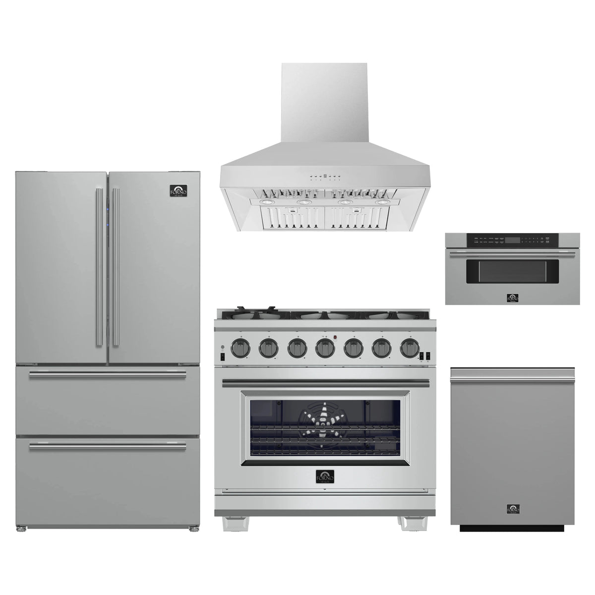 Forno 5-Piece Pro Appliance Package - 36-Inch Gas Range, Refrigerator, Wall Mount Hood, 30-Inch Microwave Drawer, & 3-Rack Dishwasher in Stainless Steel