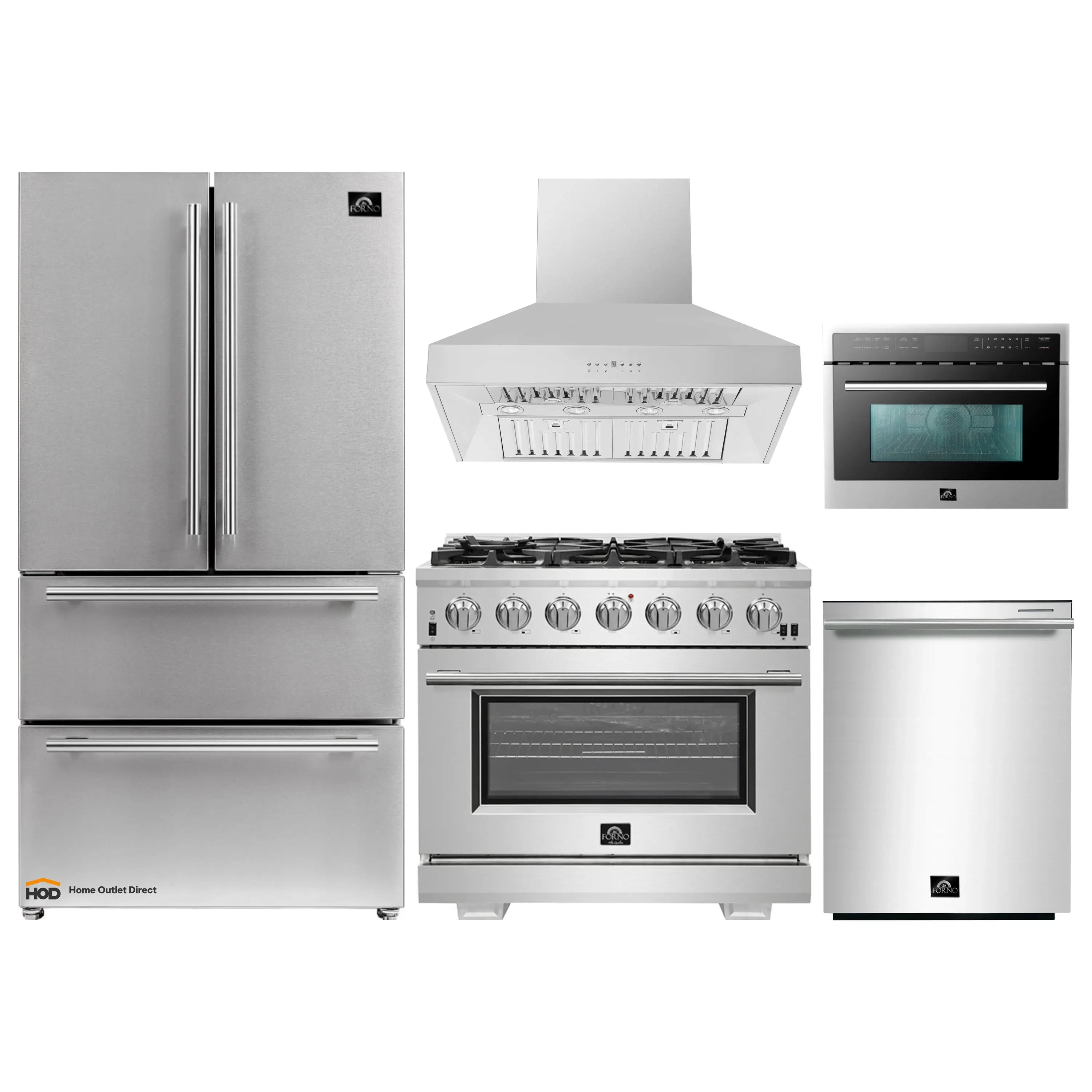 Stainless steel kitchen appliance set with range, range hood, microwave, dishwasher, and fridge
