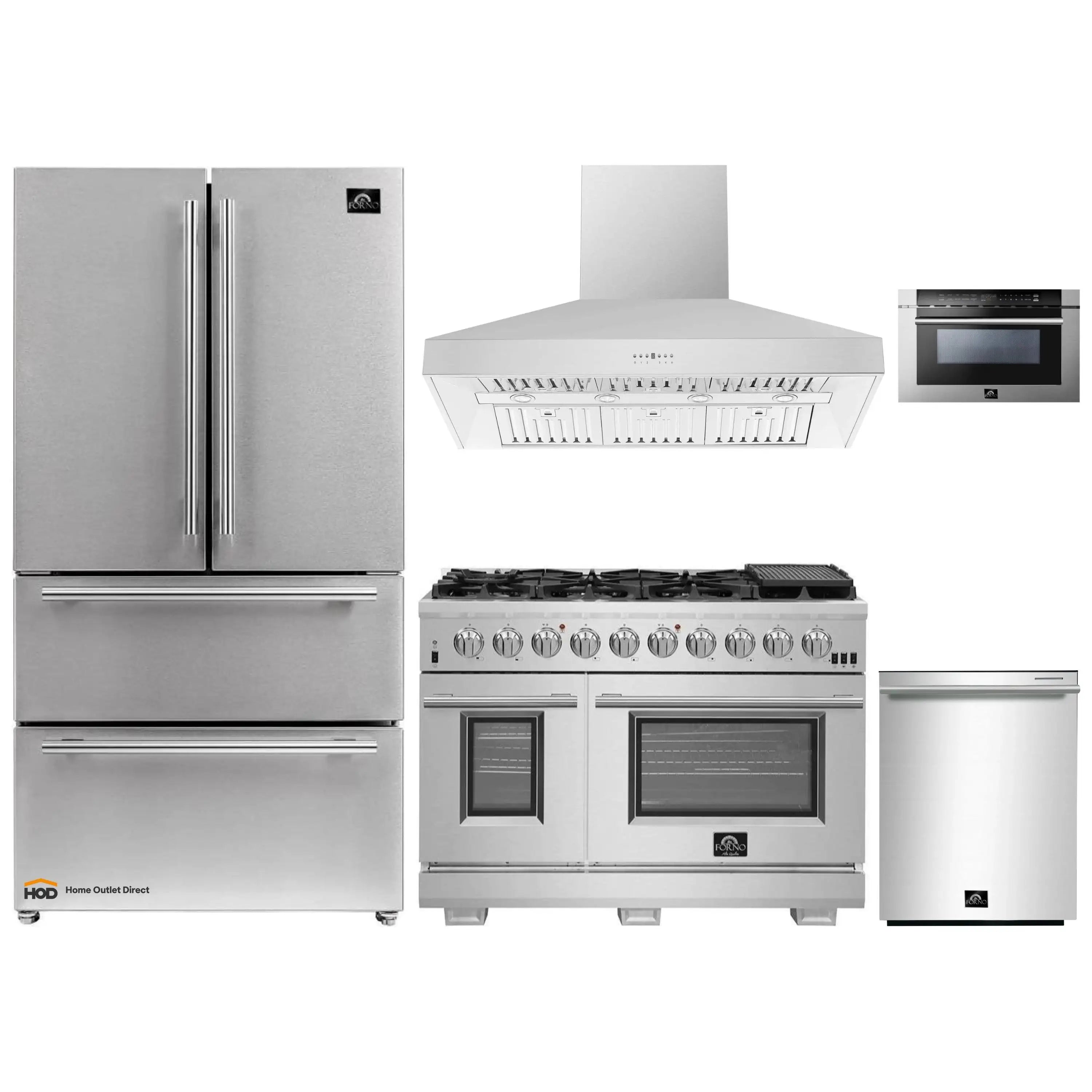 Stainless kitchen appliance package: refrigerator, gas range, wall hood, and dishwasher