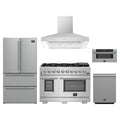 Forno 5-Piece Pro Appliance Package - 48-Inch Capriasca Gas Range, Refrigerator, Wall Mount Hood, 30-Inch Microwave Drawer, & 3-Rack Dishwasher in Stainless Steel