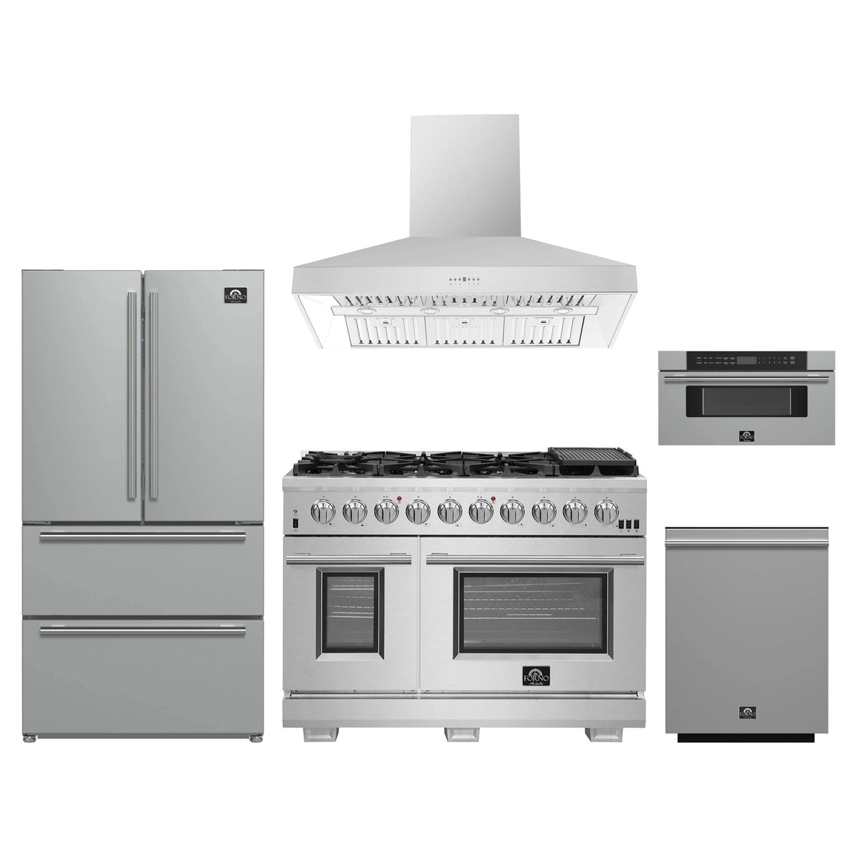 Forno 5-Piece Pro Appliance Package - 48-Inch Gas Range, Refrigerator, Wall Mount Hood, 30-Inch Microwave Drawer, & 3-Rack Dishwasher in Stainless Steel