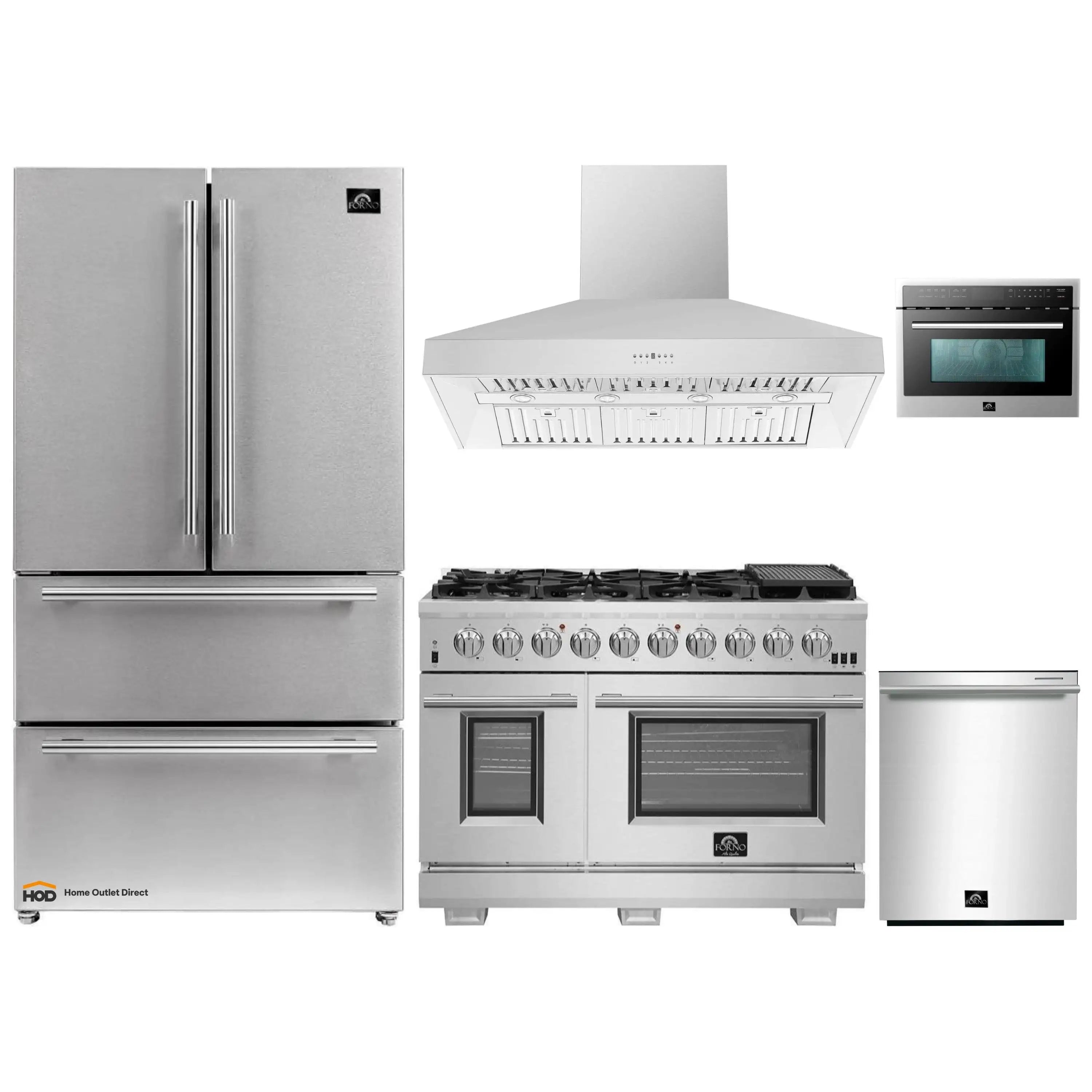 Stainless steel kitchen appliance set with refrigerator, range, wall hood, microwave, dishwasher