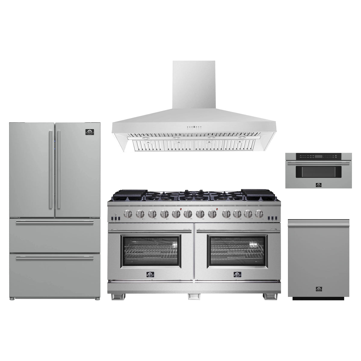 Forno 5-Piece Pro Appliance Package - 60-Inch Gas Range, Refrigerator, Wall Mount Hood, 30-Inch Microwave Drawer, & 3-Rack Dishwasher in Stainless Steel