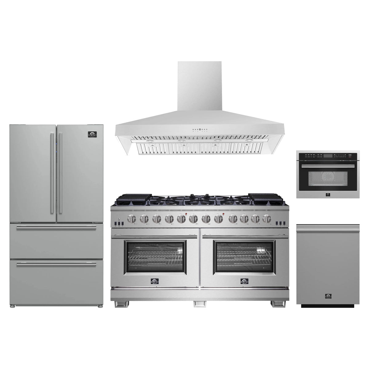 Forno 5-Piece Pro Appliance Package - 60-Inch Gas Range, Refrigerator, Wall Mount Hood, 24-Inch Microwave Oven, & 3-Rack Dishwasher in Stainless Steel
