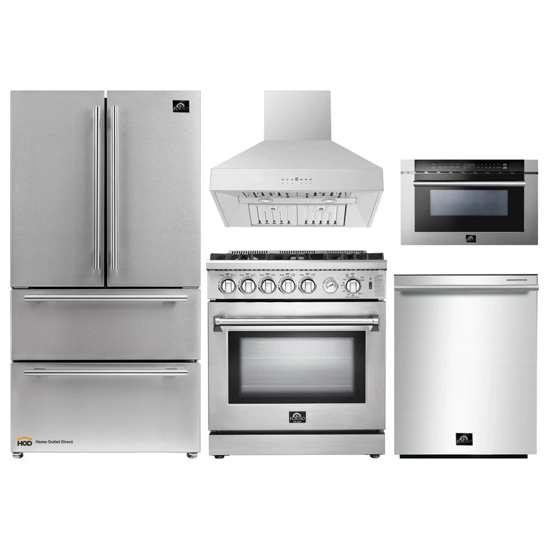 Forno 5-Piece Appliance Package - 30-Inch Gas Range, Refrigerator, Wall Mount Hood, Microwave Drawer, & 3-Rack Dishwasher in Stainless Steel