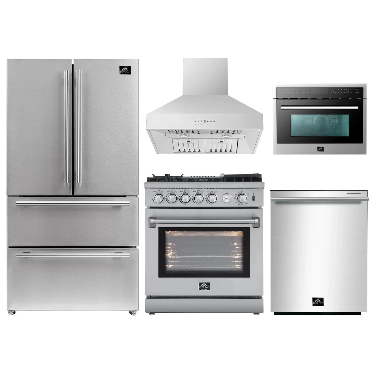 Forno 5-Piece Appliance Package - 30-Inch Gas Range with Air Fryer, Refrigerator, Wall Mount Hood, 24-Inch Microwave Oven, & 3-Rack Dishwasher in Stainless Steel