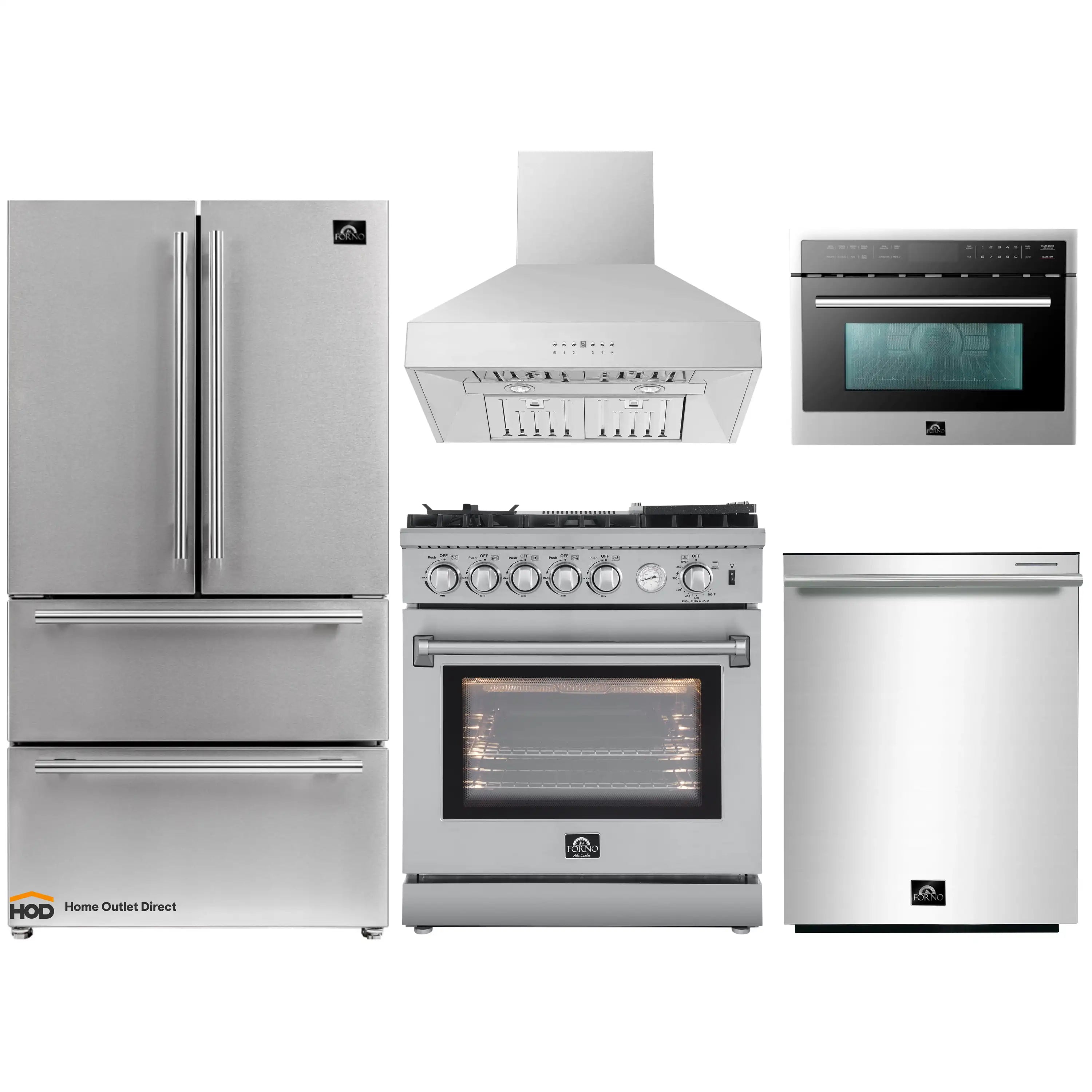 Stainless 5-piece appliance package with refrigerator, range, hood, microwave, dishwasher