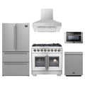 Forno 5-Piece Pro Appliance Package - 36-Inch Capriasca French Door Dual Fuel Range, Refrigerator, Wall Mount Hood, 24-Inch Microwave Drawer, & 3-Rack Dishwasher in Stainless Steel