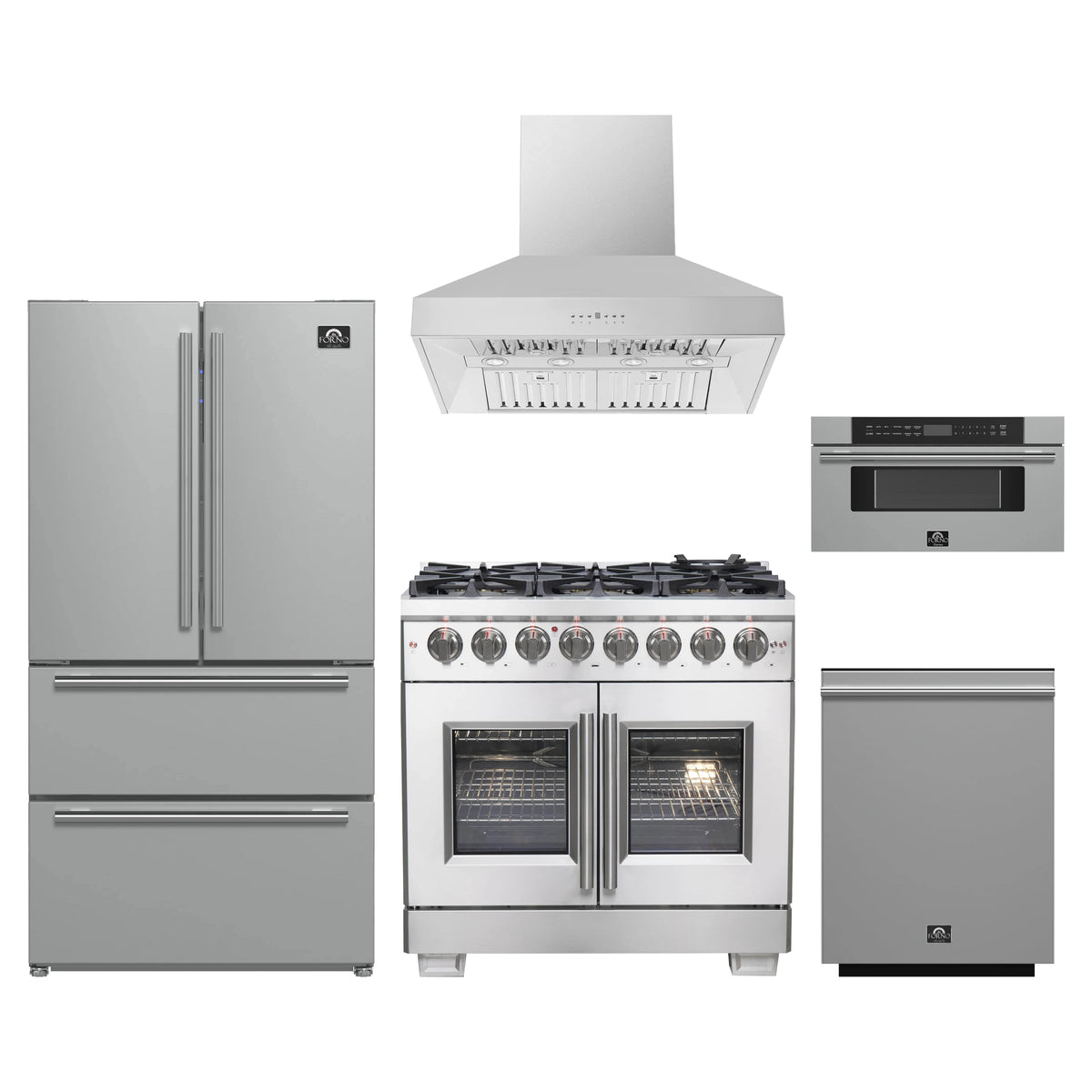 Forno 5-Piece Pro Appliance Package - 36-Inch Dual Fuel Range, Refrigerator, Wall Mount Hood, 30-Inch Microwave Drawer, & 3-Rack Dishwasher in Stainless Steel