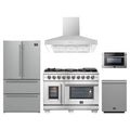 Forno 5-Piece Pro Appliance Package - 48-Inch Capriasca French Door Dual Fuel Range, Refrigerator, Wall Mount Hood, 24-Inch Microwave Drawer, & 3-Rack Dishwasher in Stainless Steel