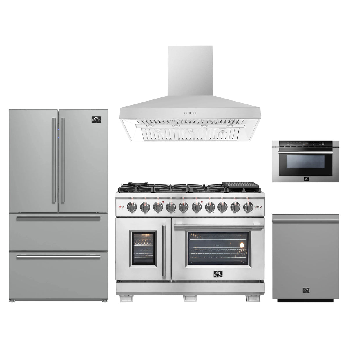 Forno 5-Piece Pro Appliance Package - 48-Inch Dual Fuel Range, Refrigerator, Wall Mount Hood, 24-Inch Microwave Drawer, & 3-Rack Dishwasher in Stainless Steel