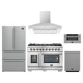 Forno 5-Piece Pro Appliance Package - 48-Inch Capriasca French Door Dual Fuel Range, Refrigerator, Wall Mount Hood, 30-Inch Microwave Drawer, & 3-Rack Dishwasher in Stainless Steel